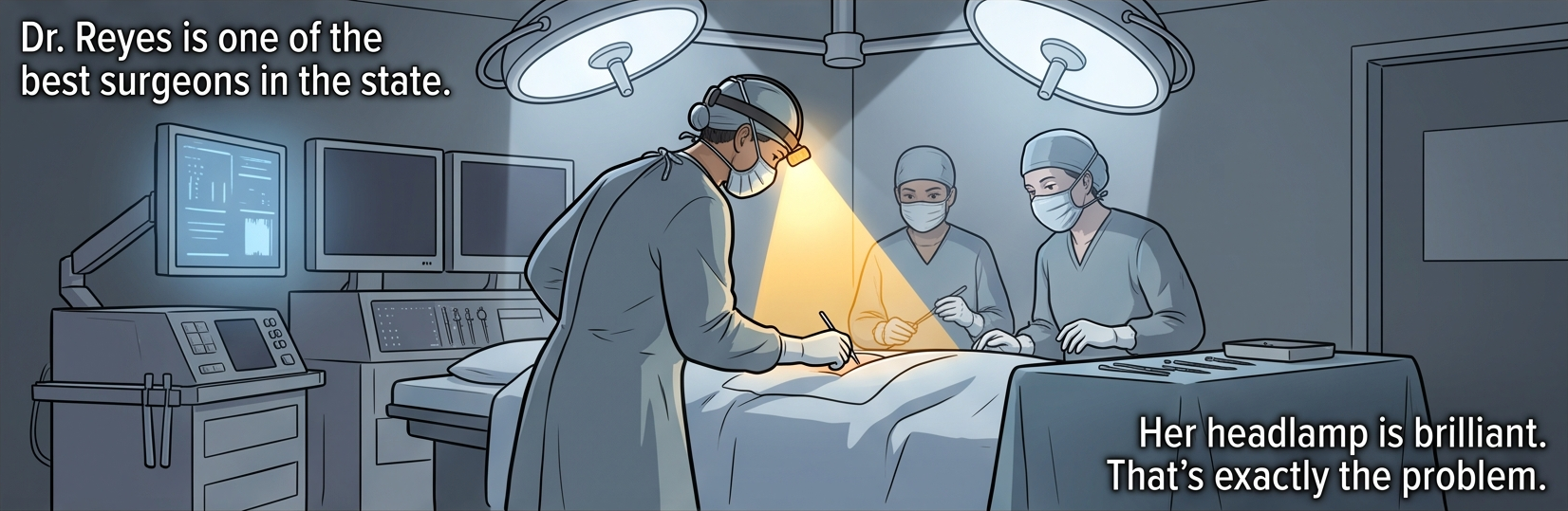 Panel 1 of 7. An operating room. Dr. Reyes leans over the table, her headlamp casting a bright amber cone onto the patient while two colleagues assist. Captions: Dr. Reyes is one of the best surgeons in the state. Her headlamp is brilliant. That's exactly the problem.