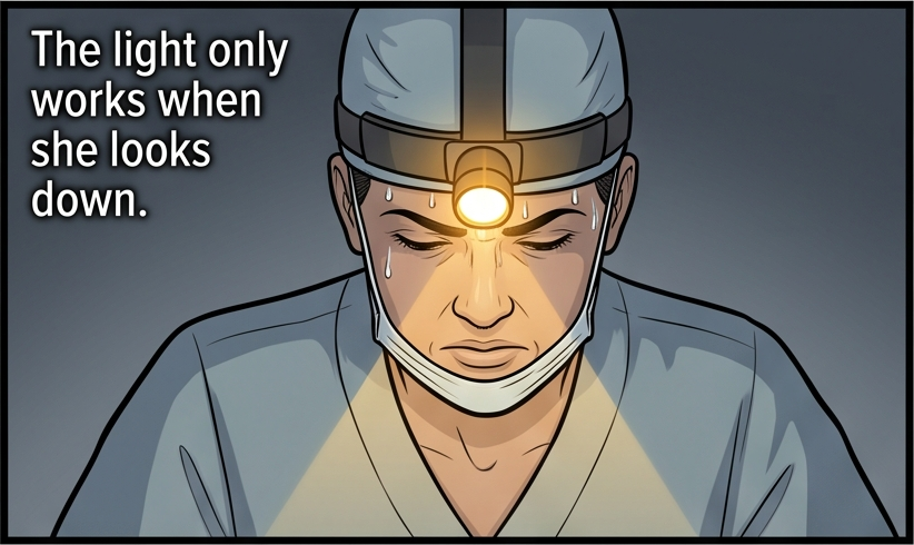 Panel 2 of 7. Close-up of Dr. Reyes looking down, lamp blazing on her forehead, sweat on her brow, jaw clenched. Caption: The light only works when she looks down.