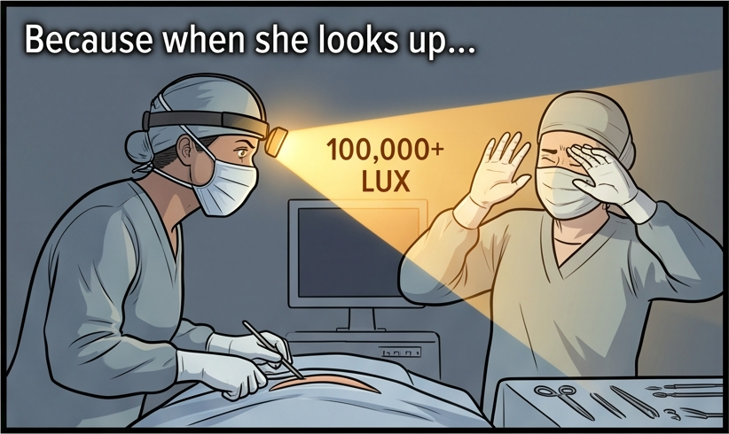 Panel 3 of 7. She glances up and the beam hits the assisting surgeon's face; they wince and shield their eyes. Caption: Because when she looks up… 100,000+ lux.
