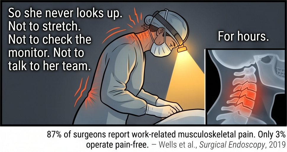 Panel 4 of 7. Side view of Dr. Reyes with head bowed deep, chin near chest, red stress lines radiating from her neck; an X-ray inset shows compressed cervical vertebrae glowing red. Captions: So she never looks up. Not to stretch. Not to check the monitor. Not to talk to her team. For hours. Cited beneath: 87% of surgeons report work-related musculoskeletal pain. Only 3% operate pain-free. — Wells et al., Surgical Endoscopy, 2019.
