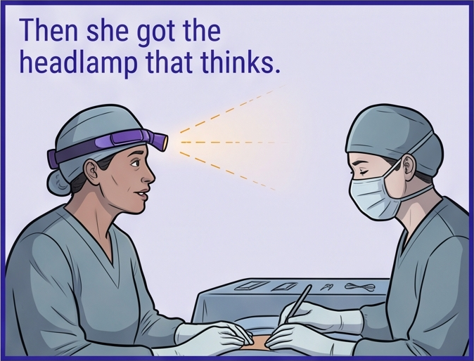 Panel 5 of 7, purple-bordered. A different day: Dr. Reyes wears a sleeker headlamp with a purple accent, head tilted up toward a colleague, the lamp giving only a faint glow. Nobody is blinded. Caption: Then she got the headlamp that thinks.