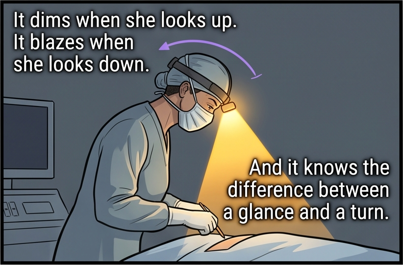 Panel 6 of 7. She looks back down and the lamp blazes at full output; a purple arc traces the free sweep of her head movement. Captions: It dims when she looks up. It blazes when she looks down. And it knows the difference between a glance and a turn.