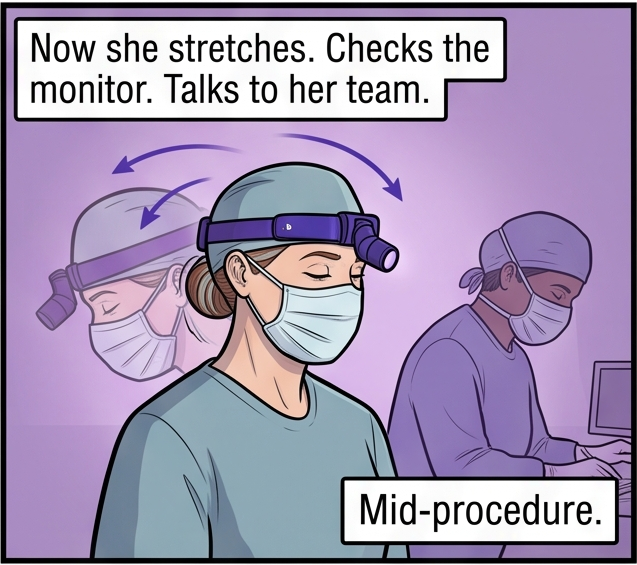 Panel 8 of 9. Purple arcs trace her free head movement as she stretches and turns to her team. Captions: Now she stretches. Checks the monitor. Talks to her team. Mid-procedure.