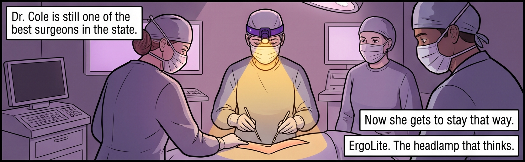 Panel 9 of 9. The operating room bathed in warm purple light, Dr. Cole upright and relaxed among her team. Captions: Dr. Cole is still one of the best surgeons in the state. Now she gets to stay that way. ErgoLite. The headlamp that thinks.